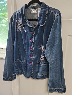 KEREN hart Blue Denim Jacket with Purple Embroidered Flowers